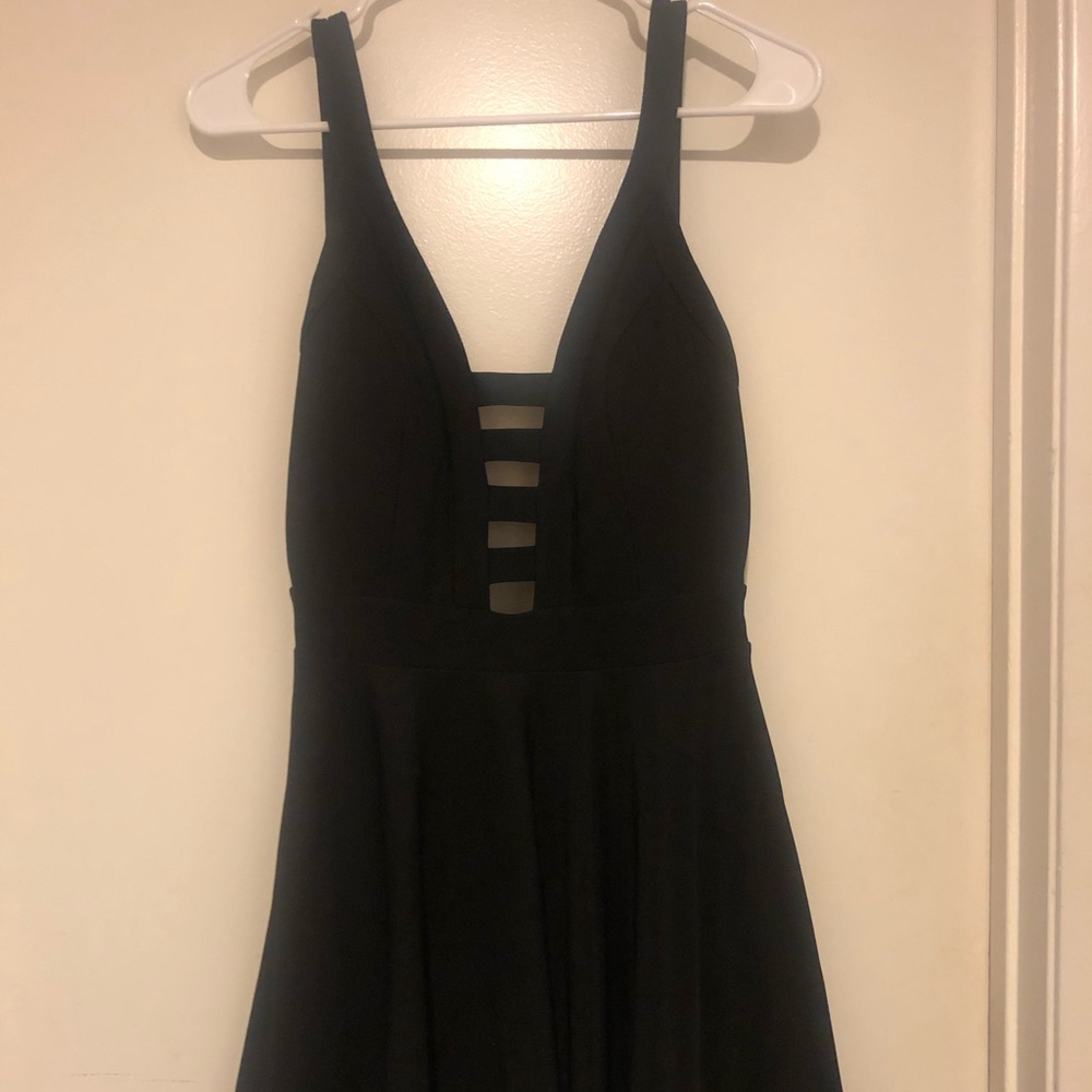 Black open front and back skater dress
